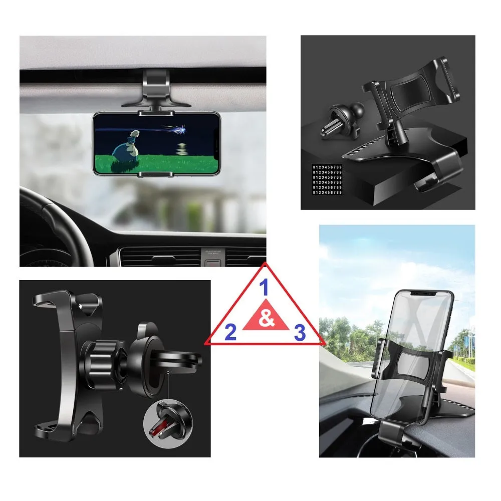 3 in 1 Car GPS Smartphone Holder: Dashboard / Visor Clamp   AC Grid Clip for Gionee M2, Marathon M2 - Black