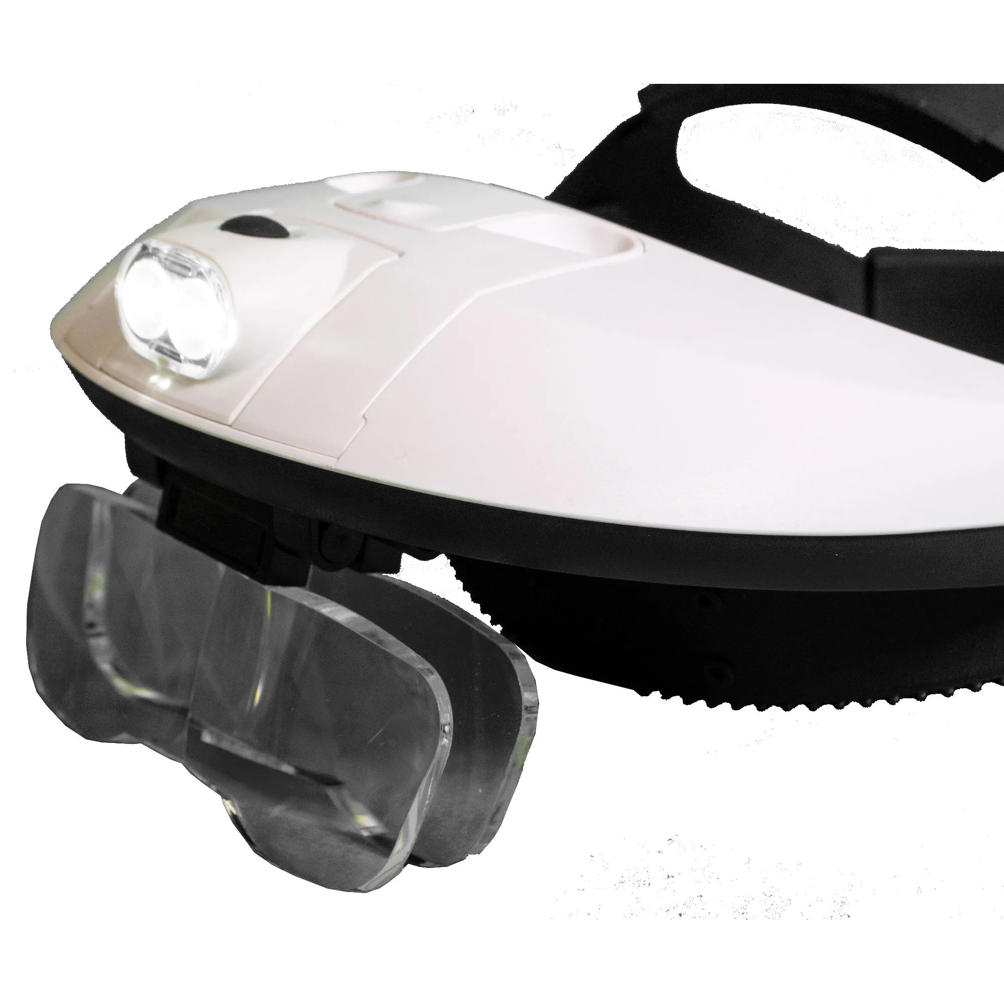Binocular headband magnifier, 5 lenses can be used singly or in pairs. Also an LED light.