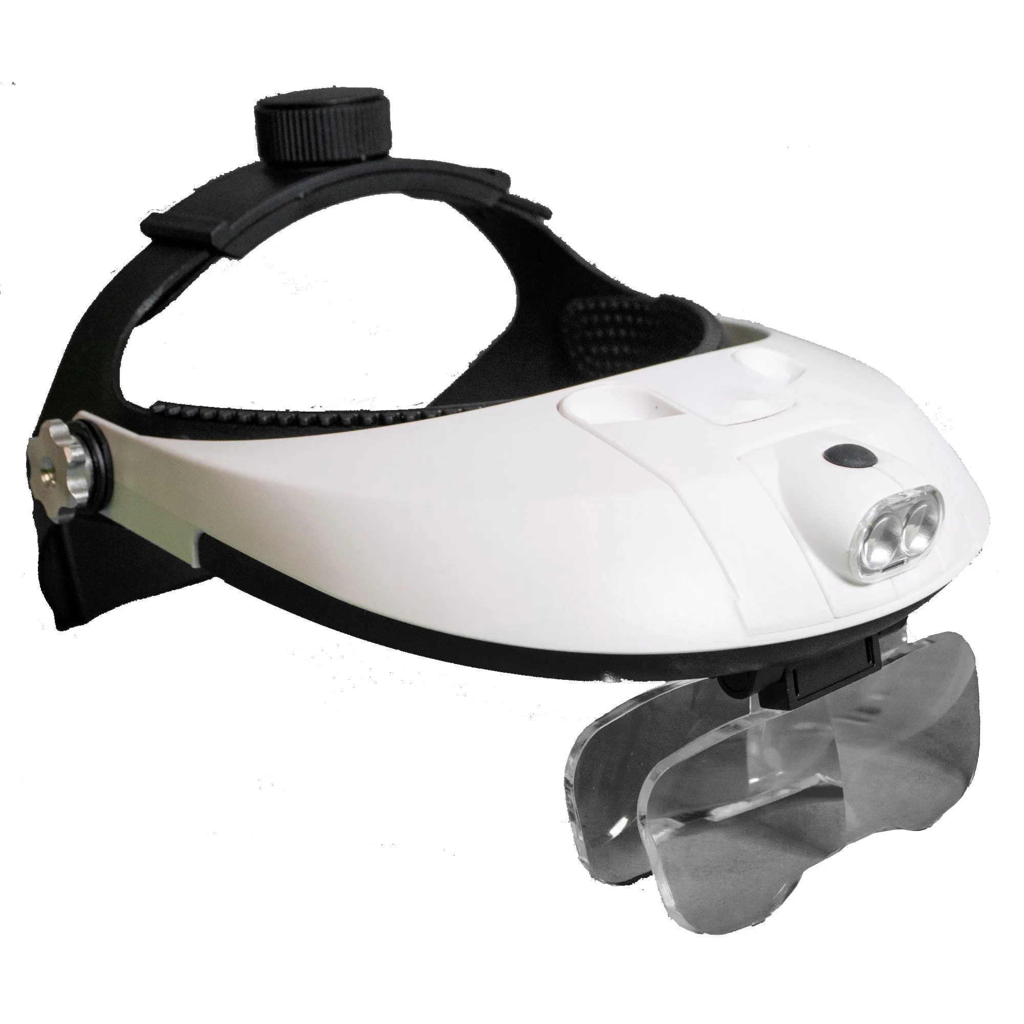 Binocular headband magnifier, 5 lenses can be used singly or in pairs. Also an LED light.