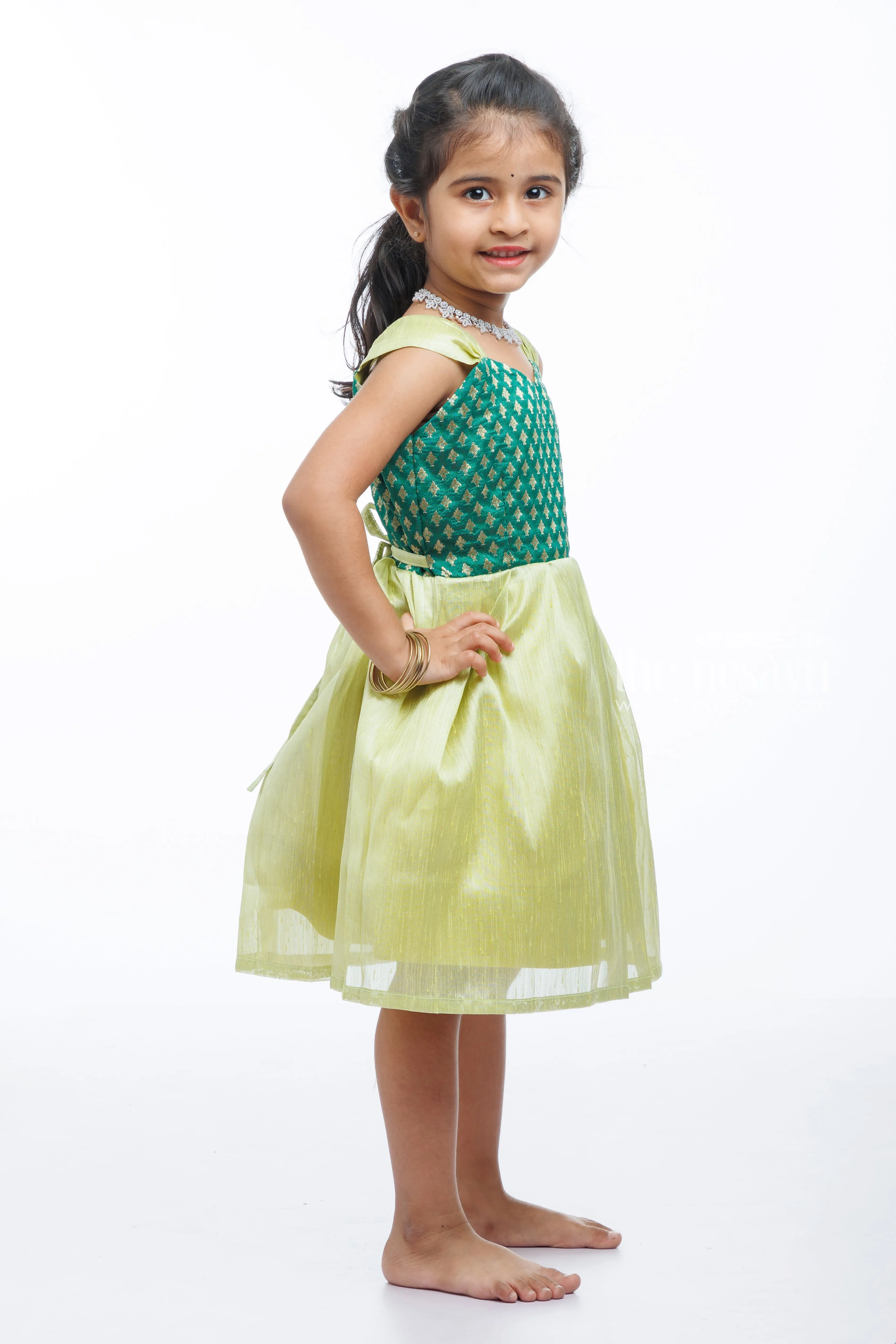 Enchanting Emerald and Lemon Silk Blend Frock for Little Princesses