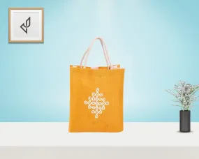 Pleasing Kolam Design Yellow Jute Bags - Bulk Return Gift Bags for Weddings & Festive Occasions (8 x 4 x 10 inches)
