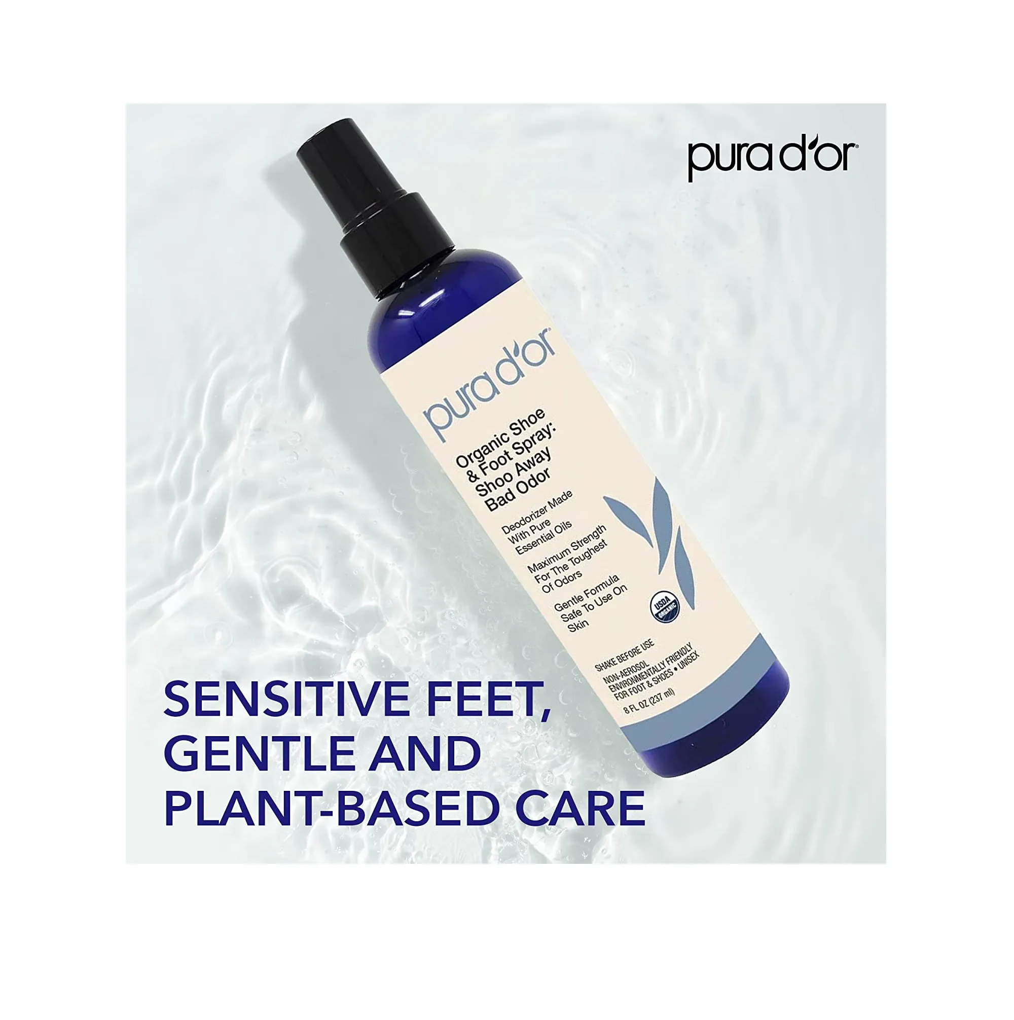PURA D'OR Organic Shoe & Foot Odor Eliminator Spray (8oz) Deodorizes & Removes