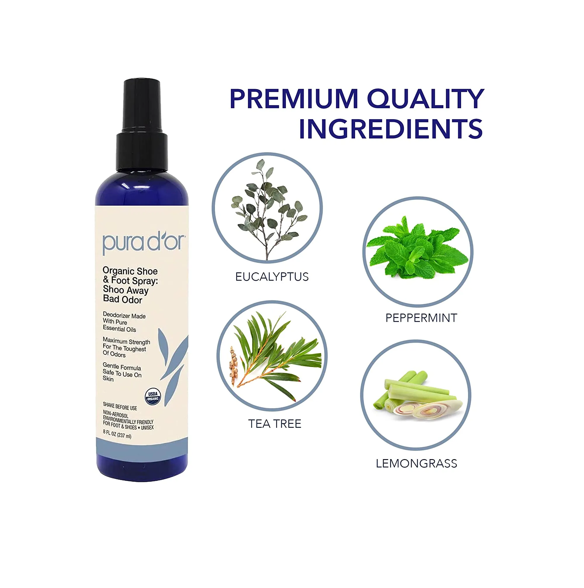 PURA D'OR Organic Shoe & Foot Odor Eliminator Spray (8oz) Deodorizes & Removes
