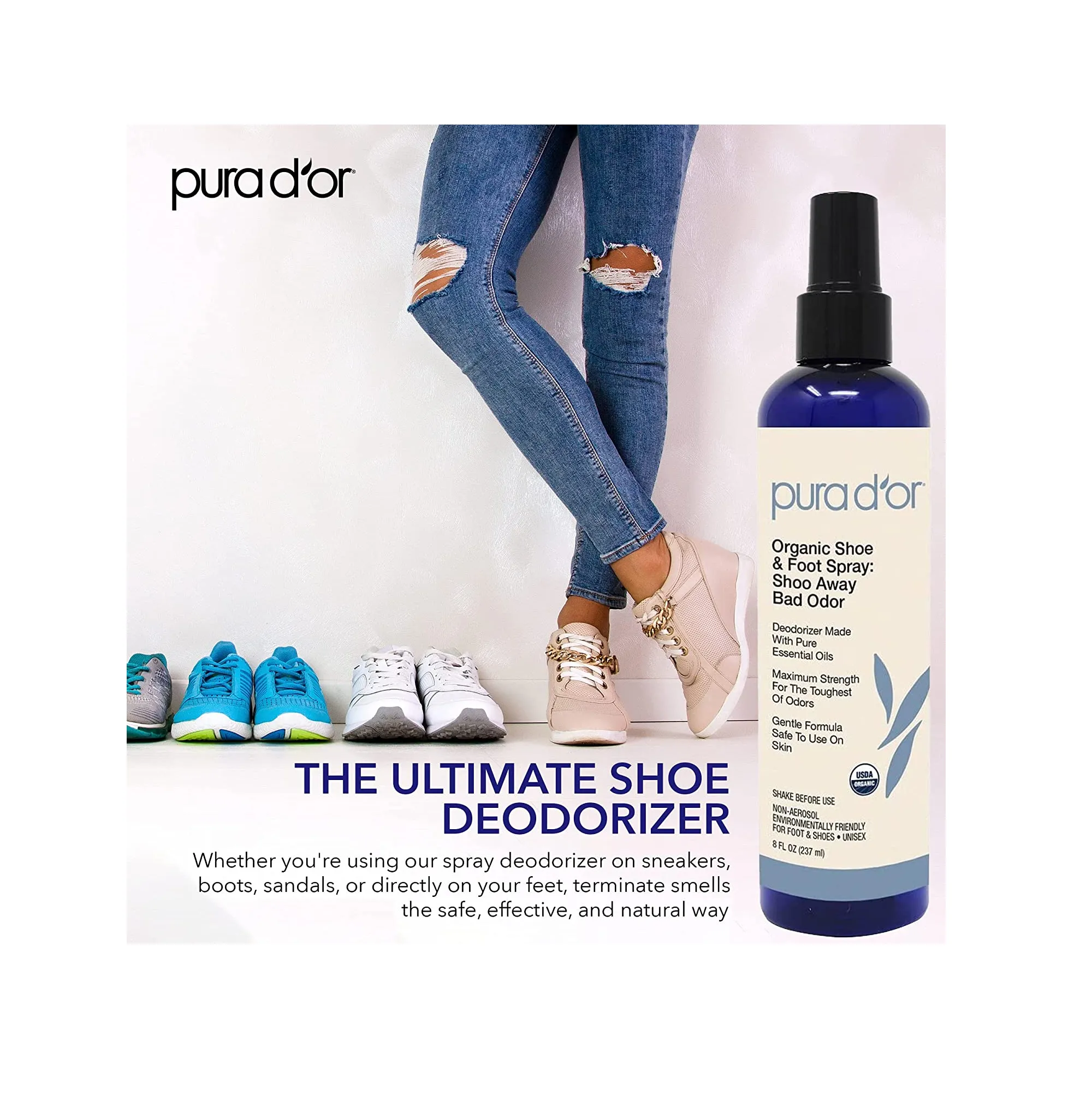 PURA D'OR Organic Shoe & Foot Odor Eliminator Spray (8oz) Deodorizes & Removes